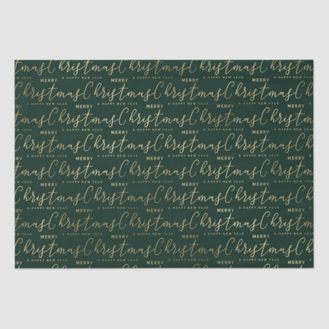 Papel De Seda Texto Elegante de Natal Verde e Dourado (Frente )