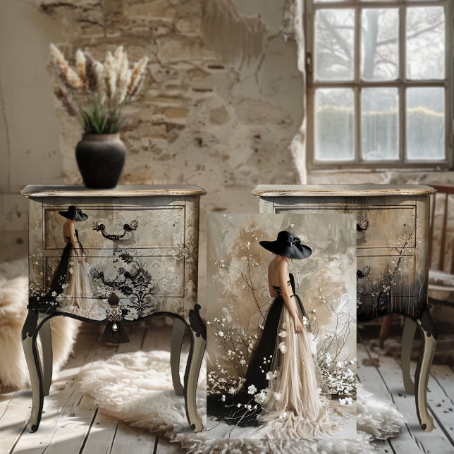 Papel De Seda Tie Preta, Retrato e Floral para Mulher Elegante (Black Tie, Elegant, Rustic, Floral Blossoms Portrait Art, Decoupage Tissue Paper.)