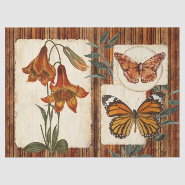 Papel De Seda Tiger Lily Rustic Wood Collage Decoupage (Frente )