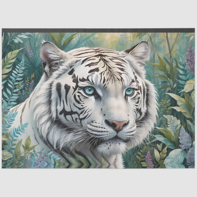 Papel De Seda Tigre branco numa selva verde azul (Frente )