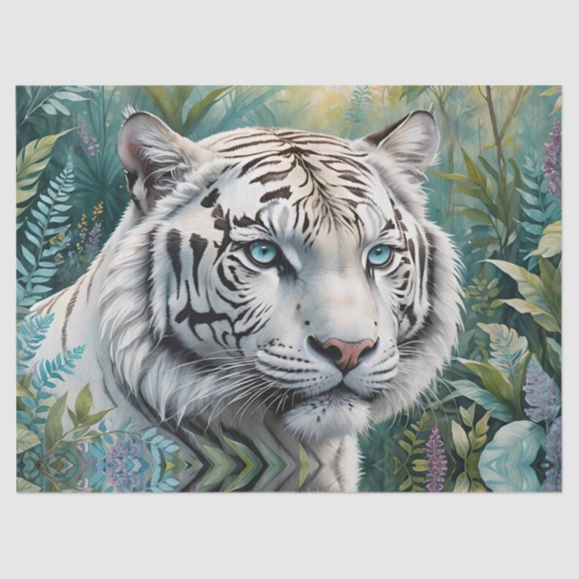 Papel De Seda Tigre branco numa selva verde azul (Frente )