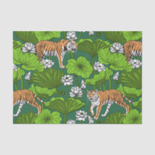 Papel De Seda Tigres na lagoa branca de lótus