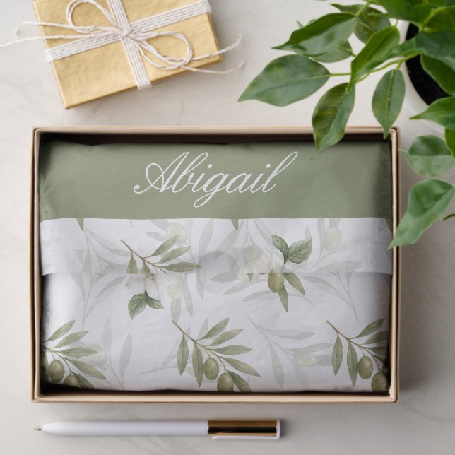 Papel De Seda Timeless Sage Olive Watercolor Name (Presente)