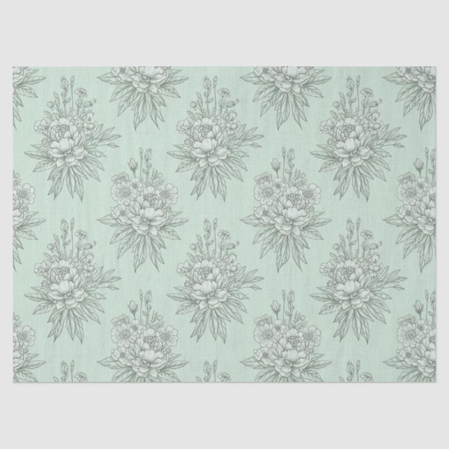 Papel De Seda Toile Botânico Verde Menta com Ramalhetes Florais (Frente )