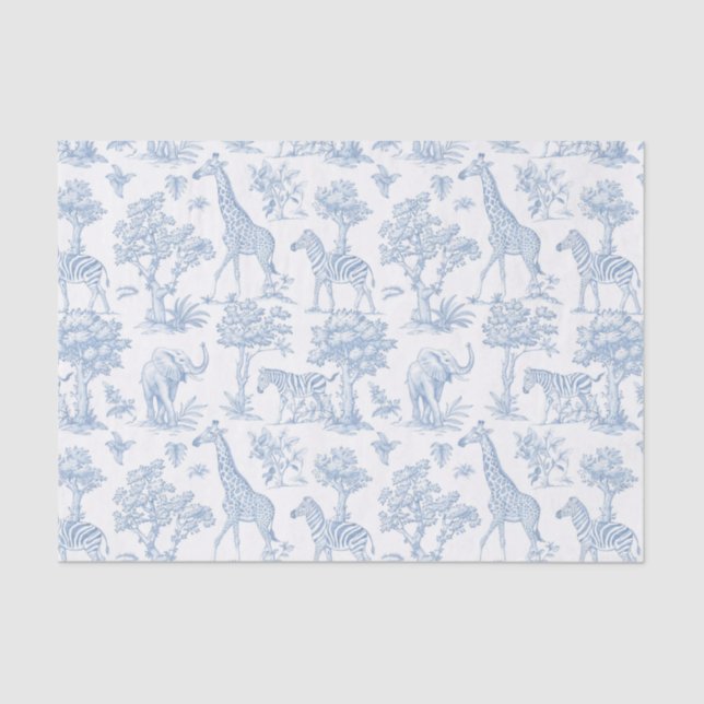 Papel De Seda Toile de Jouy Safari animais poeirentos azuis eleg (Frente )