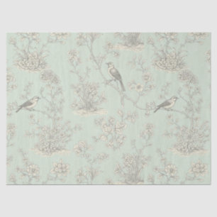Papel De Seda Toile Francês Verde Menta com Pássaros e Florais 3