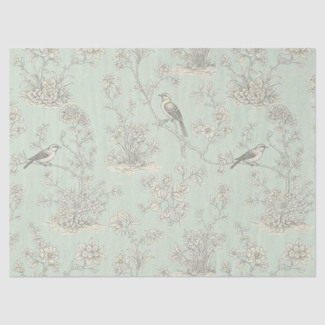 Papel De Seda Toile Francês Verde Menta com Pássaros e Florais 3 (Frente )