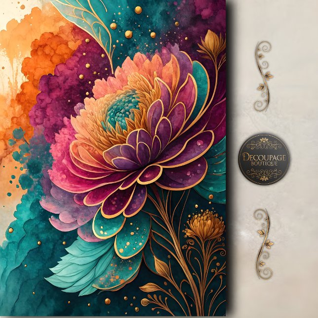 Papel De Seda Tonal Floral Decoupage Joia Radiante (Radiant Jewel Tone Floral Decoupage Tissue Paper)