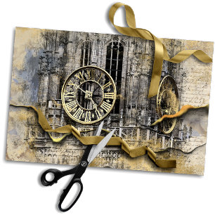 Papel De Seda Torre Antiquada de Relógio Decoupage Estampunk R