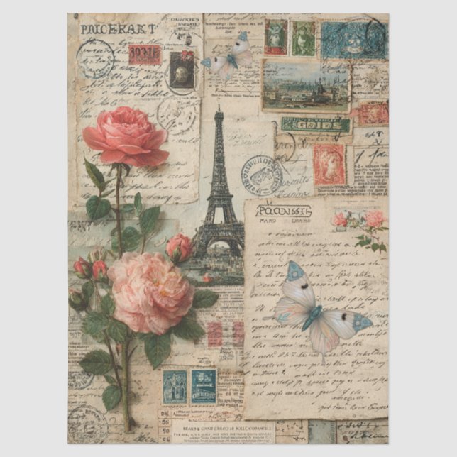 Papel De Seda Torre Eiffel de Mídia Mista, Flores e Borboletas (Frente )