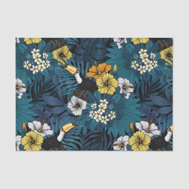 Papel De Seda Toucans and tropical flora, blue , yellow , orange (Frente )