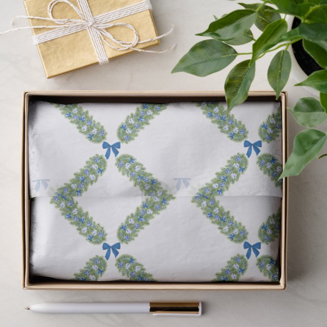 Papel De Seda Trellis de Natal com Laço Azul  (Presente)