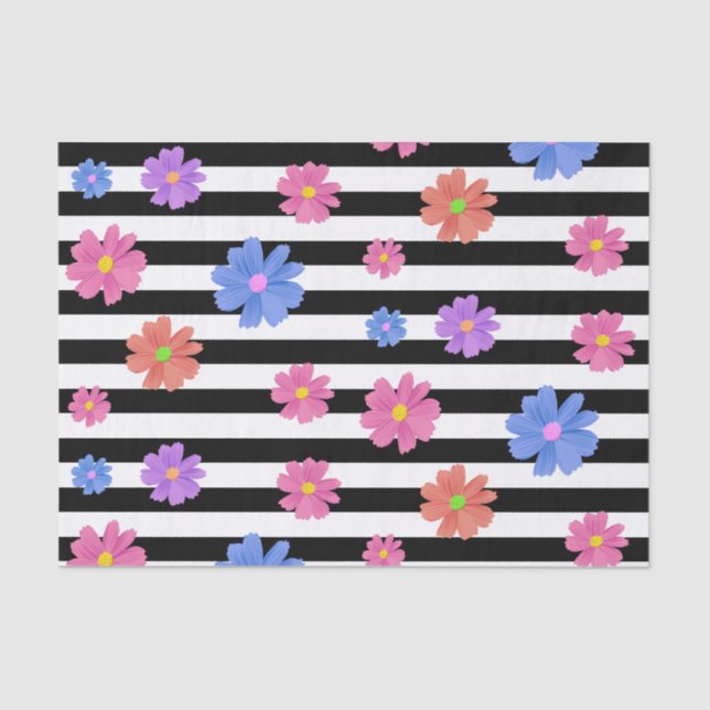 Papel De Seda Trendy Floral Black & White Stripes Padrão (Frente )