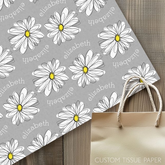 Papel De Seda Trendy Floral Daisy com nome personalizado amarelo (Custom Tissue Paper)