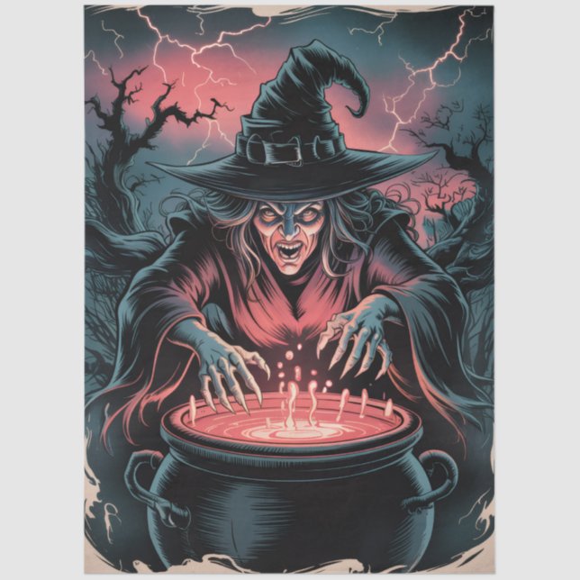 Papel De Seda Trendy Spooky Halloween witch and Cauldron (Frente )