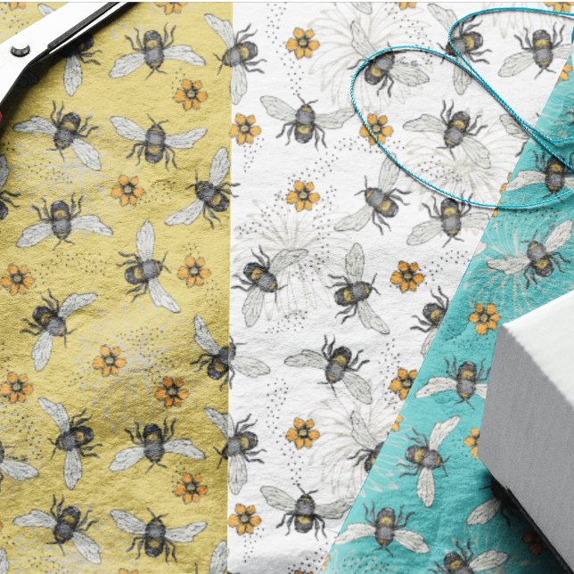 Papel De Seda Trendy Turquoise Buzzing Primavera e Summer Honeyb (Cute, happy bees and yellow Cosmos Spring and Summer flowers. In many colors and wrapping paper too )