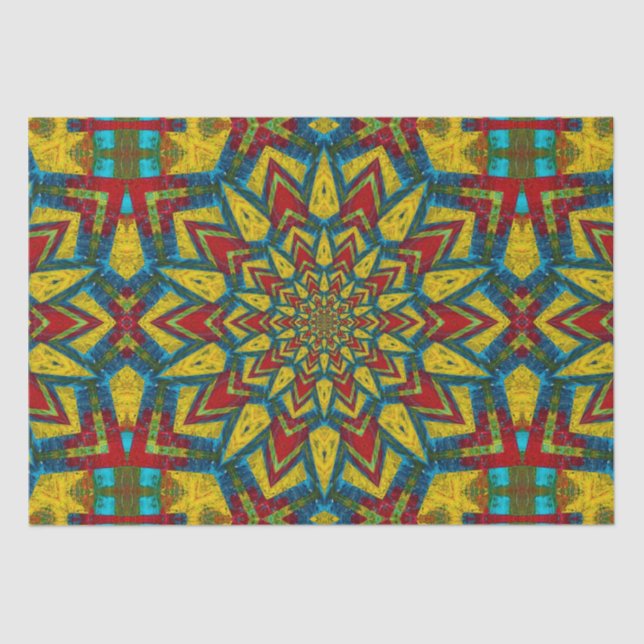 Papel De Seda Tribal Abstrato de Hippie Vermelho Amarelo Azul Az (Frente )
