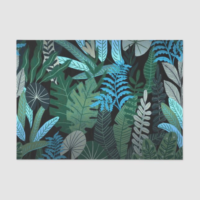 Papel De Seda Tropical Aloha Exótica da Selva Azul à Noite (Frente )