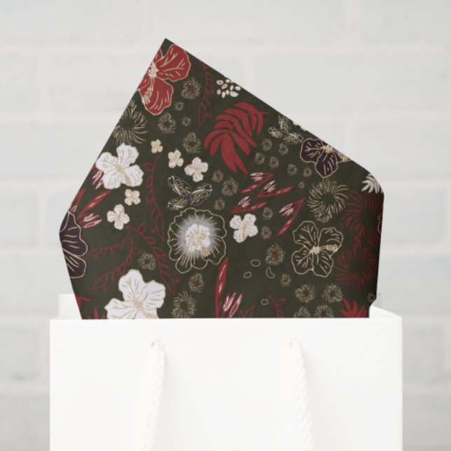 Papel De Seda Tropical Christmas Red Sage Black Hibiscus Floral (Sacola de presentes)