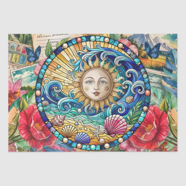 Papel De Seda Tropical Floral Stained Glass Sun Face Decoupage (Frente )
