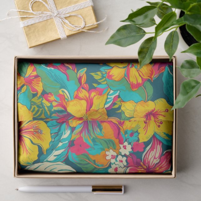 Papel De Seda Tropical Flowers and Leaves Pattern (Presente)