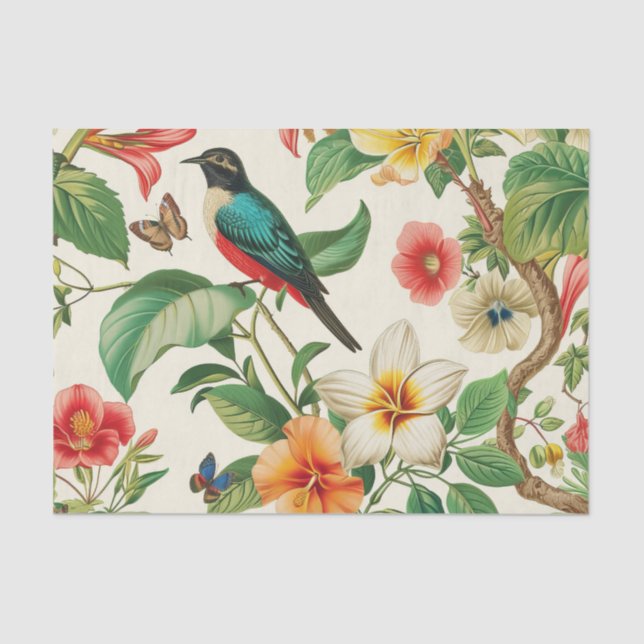 Papel De Seda Tropical Flowers with Beautiful Red & Teal Bird (Frente )