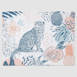 Papel De Seda Tropical Leopard Azul Pêssego Abstrato