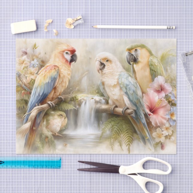Papel De Seda Tropical Parrots Waterfall Decoupage (Arte )