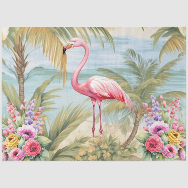 Papel De Seda Tropical Pastel Ocean View Pink Flamingo Decoupage (Frente )