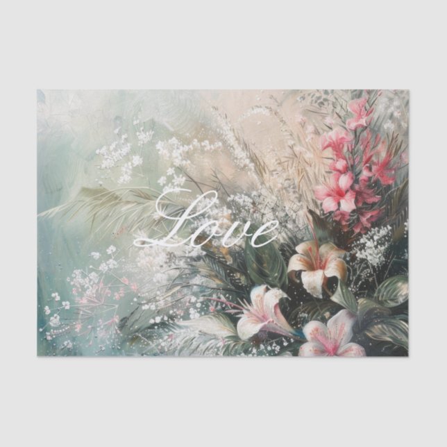 Papel De Seda Tropical Rosa Branco Hibisco Floral Amor  (Frente )