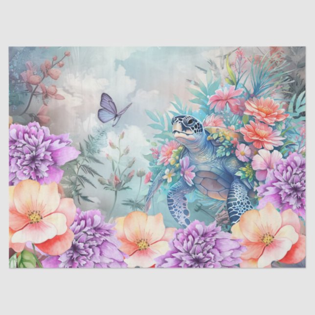 Papel De Seda Tropical Sea Turtle & Watercolor Florals (Frente )