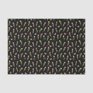 Papel De Seda Tulipas & Borboletas Padrão Preto