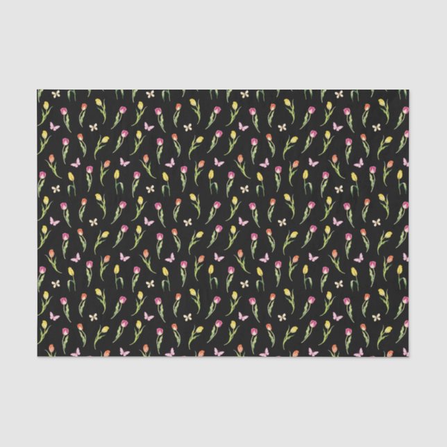 Papel De Seda Tulipas & Borboletas Padrão Preto (Frente )