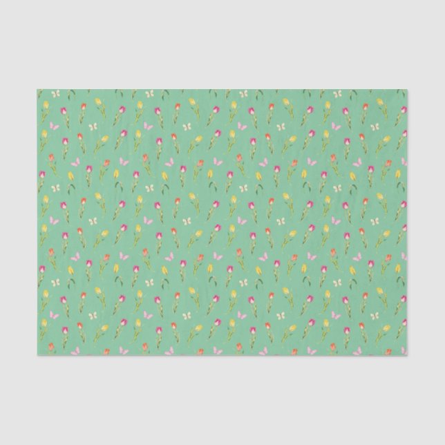 Papel De Seda Tulipas & Borboletas Padrão Verde  (Frente )