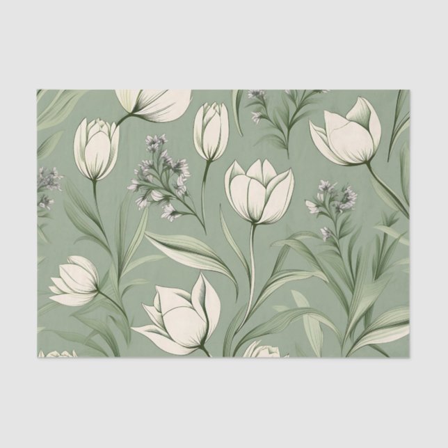 Papel De Seda Tulipas Com Folhas Em Verde Leve (Frente )