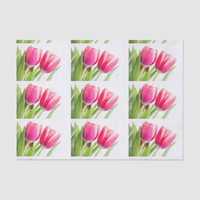 Papel De Seda Tulipas Rosa com Foto de Folhas Verdes (Frente )