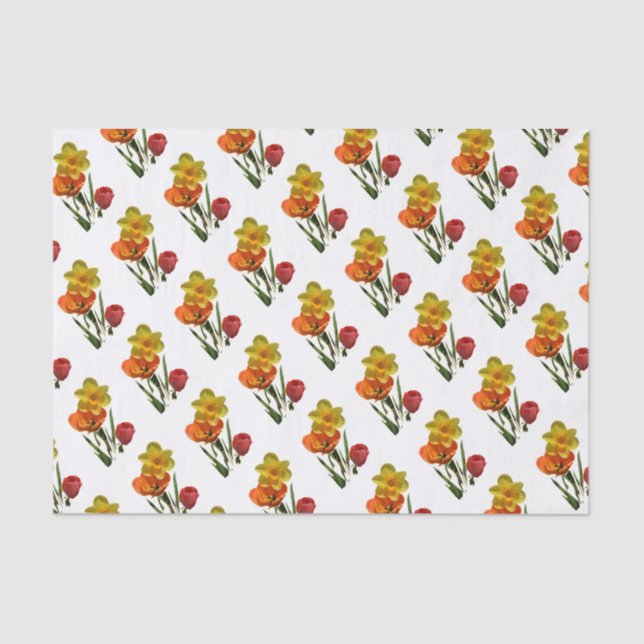 Papel De Seda Tulipas vermelhas e flores daffodil amarelas (Frente )
