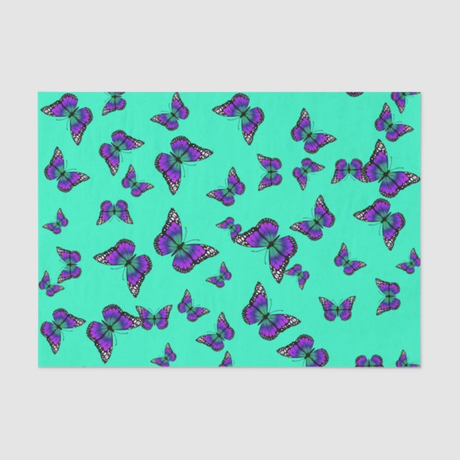 Papel de Seda Turquesa Com Borboletas Roxas (Frente )