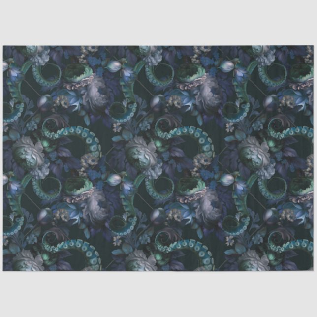 Papel De Seda Turquesa Gótica Cthulhu Tentáculo Com Flores (Frente )