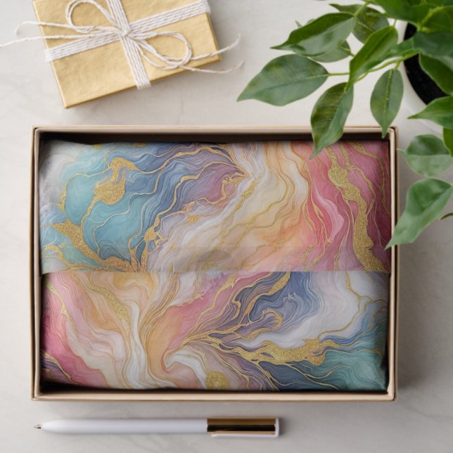 Papel De Seda Turquoise Teal Pink Aqua Blue Purple Gold Marble (Presente)