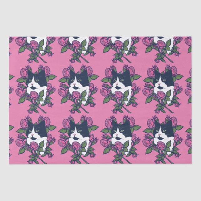Papel De Seda Tuxedo Cat Peony Floral Art Tuxie Cats (Frente )