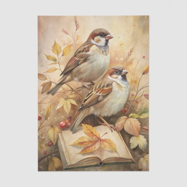 Papel De Seda Two Beautiful Birds with Open Book & Autumn Leaves (Frente )
