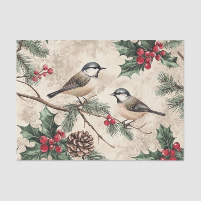 Papel De Seda Two Birds on Branches with Holly Berries (Frente )