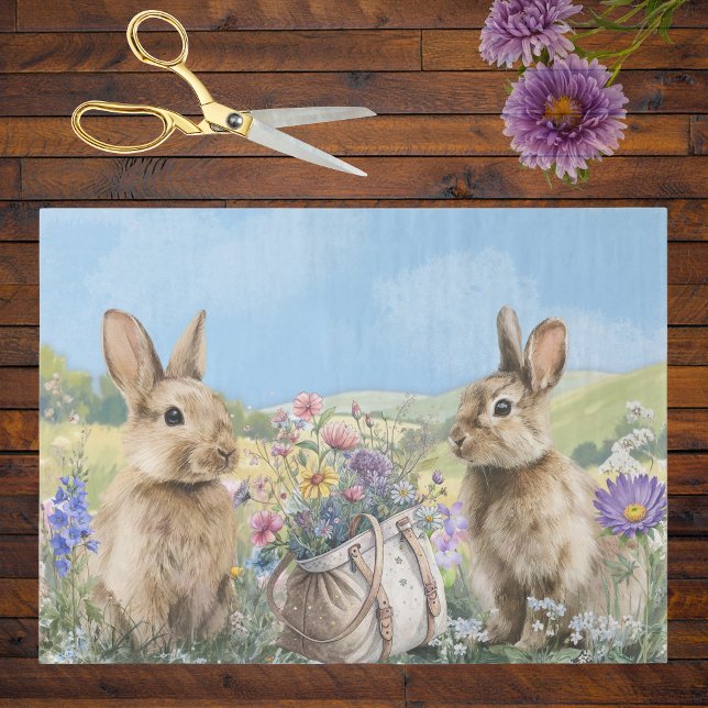 Papel De Seda Two Bunnies with Wild Flowers Rucksack Easter (Criador carregado)