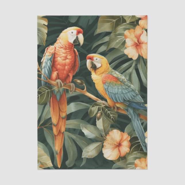 Papel De Seda Two Colorful Parrots Tropical Flower Branch (Frente )