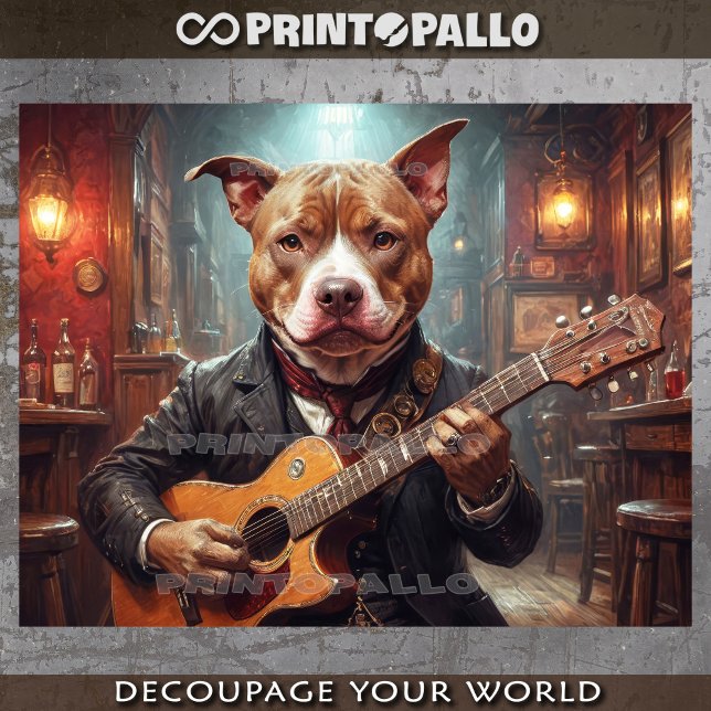 Papel De Seda Um elegante Pitbull tocando guitarra em pub (Criador carregado)