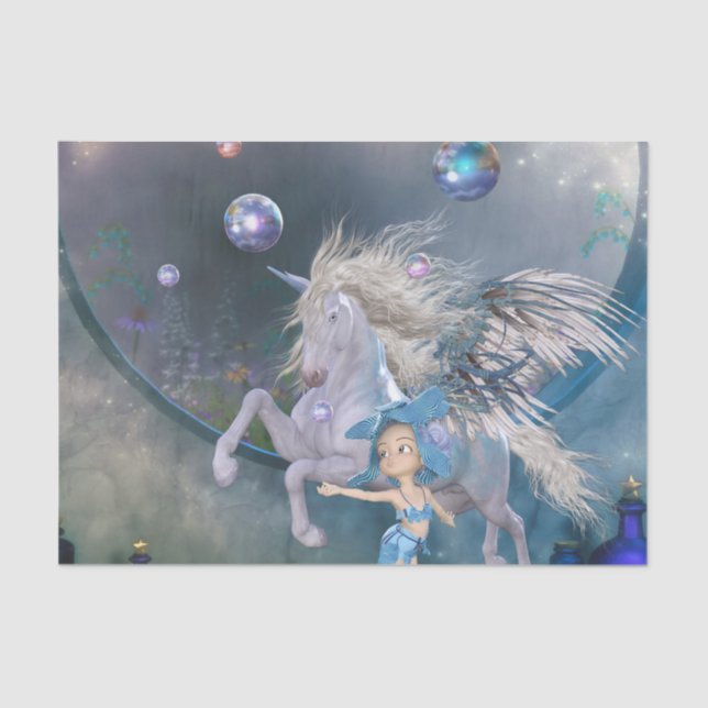 Papel De Seda Um maravilhoso unicórnio branco com pequena fada (Frente )