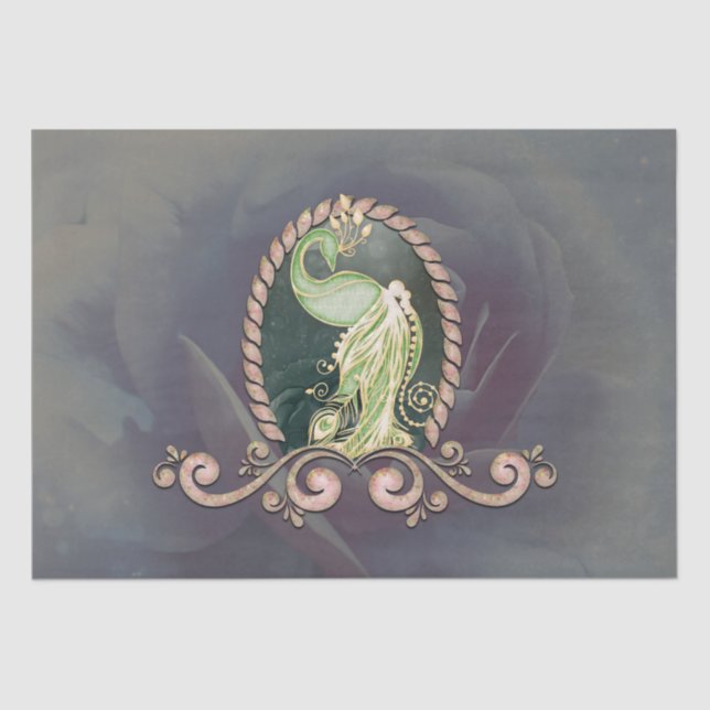 Papel De Seda Um pavão majestoso em ouro e verde. (Frente )