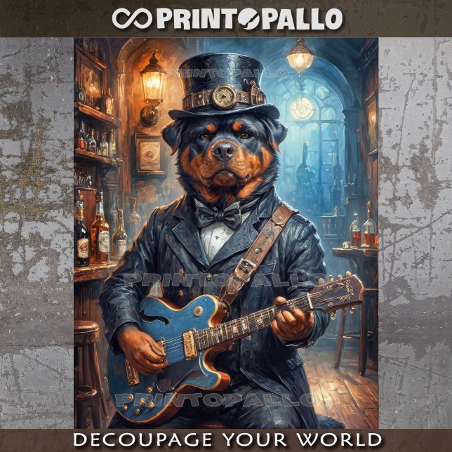 Papel De Seda Um Rottweiler steampunk tocando guitarra em um pub (Criador carregado)