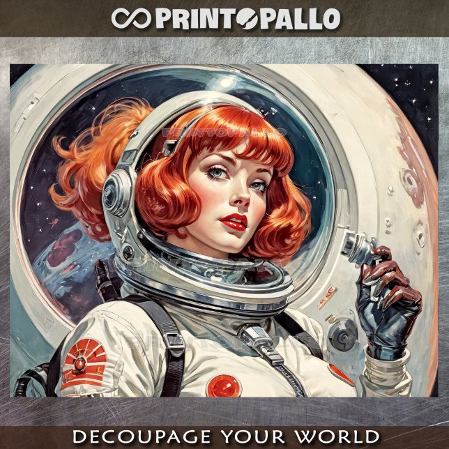 Papel De Seda Uma astronauta vermelha indo para a lua na década  (Criador carregado)